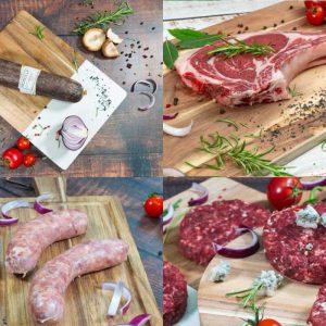 Lote BBQ (chorizos criollos, hamburguesas, morcilla, chorizo a la parrilla y chuletas)